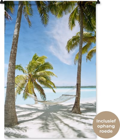Wandkleed - Wanddoek - Palmboom - Hangmat - Zand - 90x135 cm - Wandtapijt