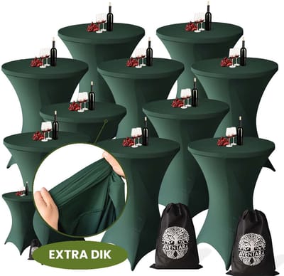 Statafelrok Donker Groen x 10 – ∅80-85 x 110 cm met Opbergtas – Statafelhoes Stretch Stof – Kras- en Vouwvrije Statafel Rok Extra Dik – Sta Tafelrok 10 Stuks – Statafelhoezen Voor Horeca, Evenementen, Feest, Bruiloft en Partijen