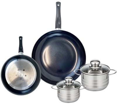 Set van 2 Koekenpannen 20 en 28 cm en 2 kookpotten 12 en 14 cm Elo Prima Glanzend