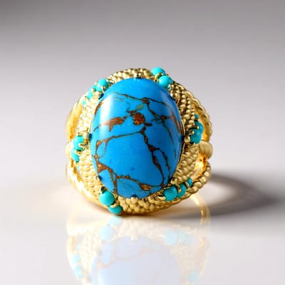 Cavill - Vergulde 925 Sterling Zilveren Ring - Sleeping Beauty Turkoois 7,65 ct Ovaal Cabochon - 16 Kleine Turkooizen - Elegante Damesring