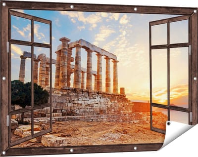 Gards Tuinposter Doorkijk Tempel van Poseidon in Athene, Griekenland - 120x80 cm - Tuindoek - Tuindecoratie - Wanddecoratie buiten - Tuinschilderij