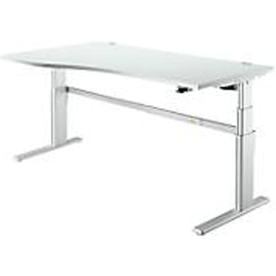 Comfortabel bureau, elektrisch in hoogte verstelbaar, vrije vorm, bevestiging links, C-poot, B 1800 x D 1000/800 x H 655-1305 mm, aluminium lichtgrijs/wit