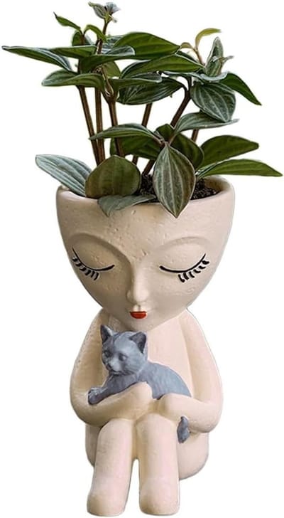 Bloempot Meisje Kat - Vetplant Pot - Planten Decoreren - Weerbestendig Vinyl - 12 cm Hoog - Beige