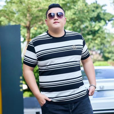 Dikke Mannen Dikke Plus Size T-shirt met Halve Mouwen en Ronde Hals Gestreept Dun Trend Halve Mouwen Body Shirt Katoen Zomer Dun 3XL zwart