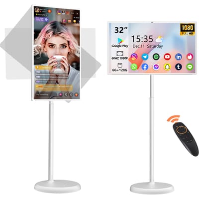 32 inch draagbare smart-tv, 60Hz 1080P touchscreen, rollend & in hoogte verstelbare Android-tv, 15000mAh batterij, 13MP camera, 6GB+128GB