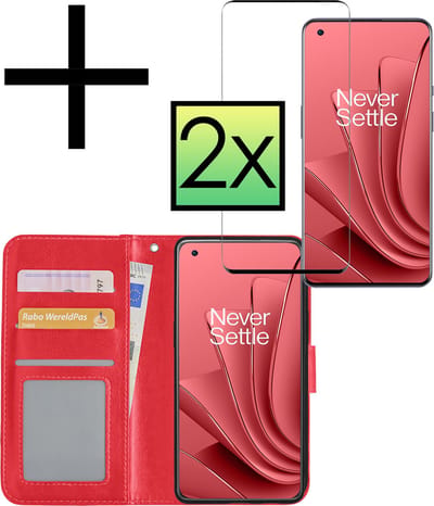Hoesje - Met 2x Screenprotector - Geschikt voor OnePlus 10 Pro - Luxe Pasjeshouder - Bookcase Portemonee - Flip Case - Kunstleer Book Case - Flipcase Hoes - Book Cover - Walletcase - Portemonneehoes - Rood