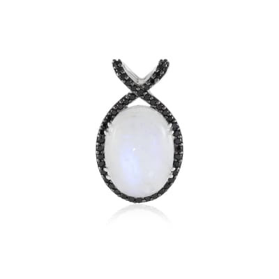 Cavill - Luxe Hanger - 925 Sterling Zilver - 16,9 ct Ovale Regenboog Maansteen Cabochon - 0,865 ct Zwarte Spinel Pave - Elegant Damessieraad
