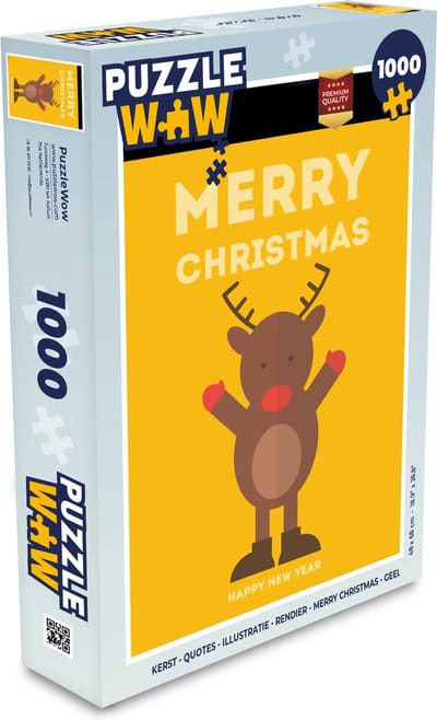 Puzzel Kerst - Quotes - Illustratie - Rendier - Merry Christmas - Geel - Legpuzzel - Puzzel 1000 stukjes volwassenen - Kerst - Cadeau - Kerstcadeau voor mannen, vrouwen en kinderen