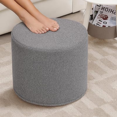 Ronde poef - Voetsteun ottomaan - Voeten rusten - Zachte boucle stof - 43x43x36 cm - Grijs
