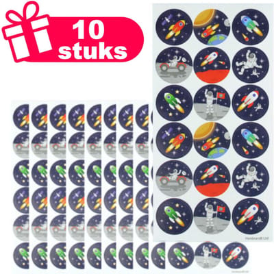Henbrandt - Set van 10x Stickervellen met Grote SPACE / RUIMTEVAART Stickers om Uit te Delen of te Knutselen - Traktatie uitdeelcadeautjes - 10x Stickervellen voor Kinderen met 18 Stickers per Vel = Totaal: 180 Stickers