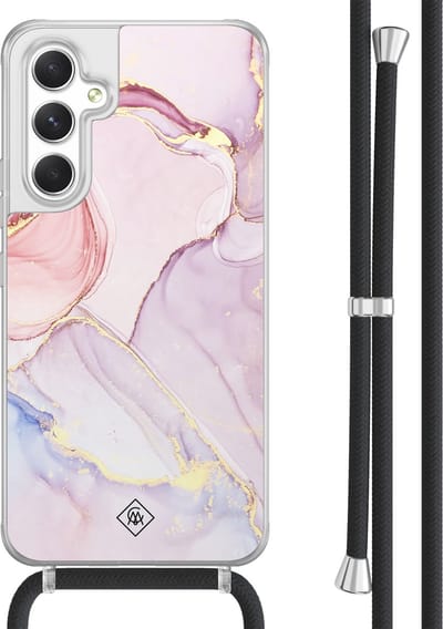 Casimoda® hoesje met koord - Geschikt voor Samsung A54 - Marmer roze paars - Afneembaar koord - TPU/acryl - Paars