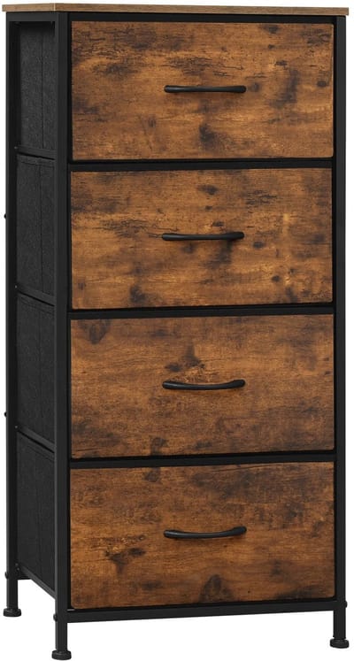 Stoffen Ladekast - Ladenkast - Opbergkast - 4 Lades - Compacte Kast - Veelzijdig - Organizer voor Thuis - Metalen Frame - Vintage Bruin