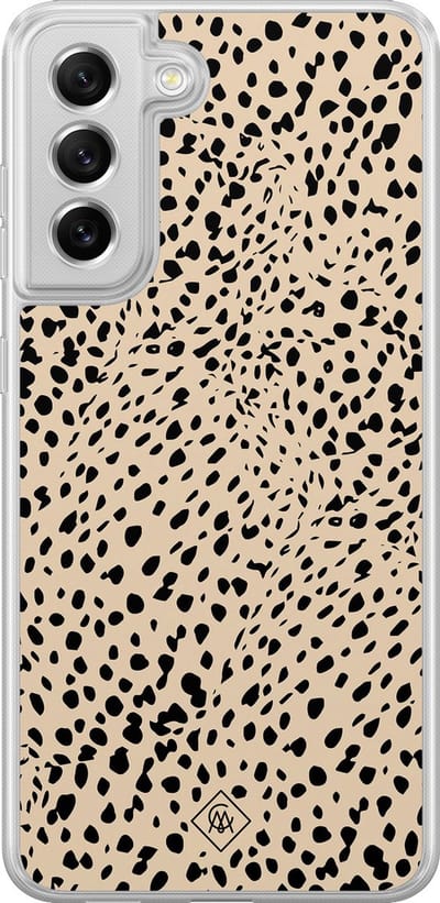 Casimoda® hoesje - Geschikt voor Samsung Galaxy S21 FE - Stippen bruin abstract - 2-in-1 case - Schokbestendig - Gestipt - Verhoogde randen - Bruin/beige, Transparant