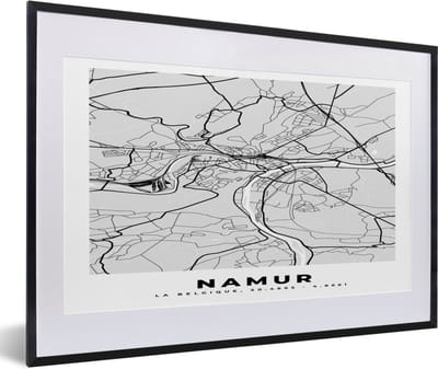 Fotolijst incl. Poster Zwart Wit- Stadskaart – Plattegrond – België – Zwart Wit – Namur – Kaart - 60x40 cm - Posterlijst