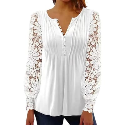 Dames Elegante Casual Blouses Sexy Mode Effen V-hals Lange Mouw Shirts Kant Hol Uit Patchwork Design Kantoor Dame Tops M white