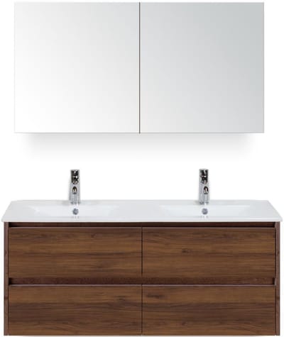 Dante Badmeubelset 120 cm - Walnoot - Keramische Wastafel Wit Enjoy met Spiegelkast