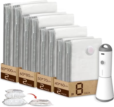 Thijox - Vacbird Vacuümzakken voor Kleding met Draadloze Vacuümpomp, 8 Stuks (2 Jumbo, 2 Groot, 2 Middelgroot, 2 Klein), Herbruikbare Kledingzakken vo