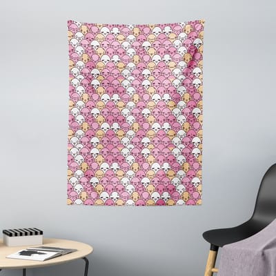 ABAKUHAUS Anime Wandtapijt, Patroon met Grappige Kawaii Gezichtjes die verschillende emoties tonen, 110 x 150 cm, Lichtroze Wit