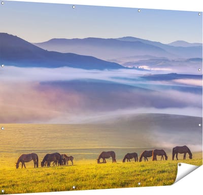 Gards Tuinposter Kudde Wilde Paarden in de Wei bij Heuvels - 150x120 cm - Tuindoek - Tuindecoratie - Wanddecoratie buiten - Tuinschilderij