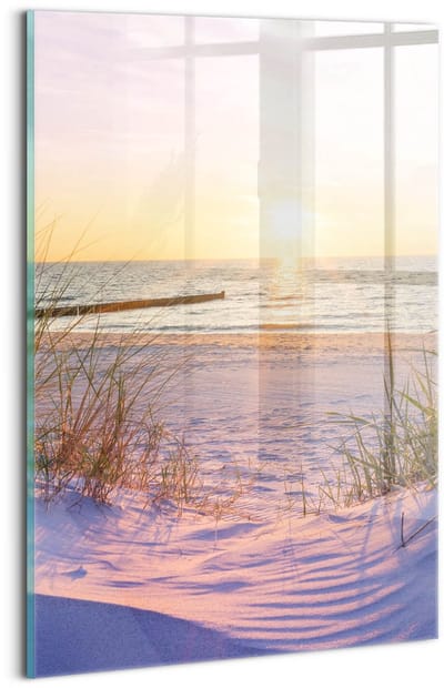 Wallfluent Glasschilderij - Poolse Zee - strand in de zon Glas Schilderij - 20x30 cm - Roze Verticale Muurschildering - Landschap Foto Op Glas - Glas Foto - Foto In Glas