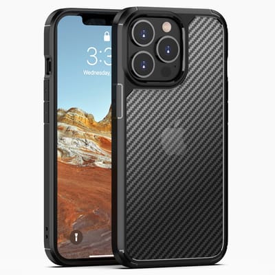 geschikt voor iPhone 14 Pro Hoesje met Carbon Look - Shockproof Valbescherming - Schokbestendige case geschikt voor iPhone 14 Pro - Tough Carbon Grid geschikt voor iPhone 14 Pro Hoesje zwart