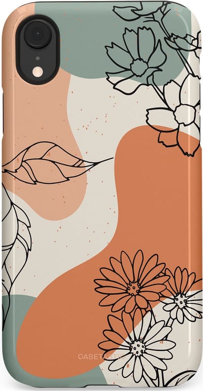 Casetastic hoesje geschikt voor Apple iPhone XR - Dubbellaagse bescherming - Lijnenspel Botanisch - Fashion Case - Crème Saliegroen Perzik