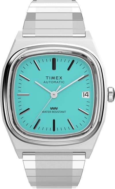 Timex Q Timex Automatic 1983 E Line Reissue Mechanisch Automatisch Horloge Zilverkleurig En Blauw Kast Gemaakt Van 100% Roestvrij Staal En Een Armband Van 100% Roestvrij Staal 34 TW2W70800AJ, TW2Y07200AJ, TW2Y07300AJ