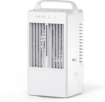 Draagbare airconditioner – Kleine koeler – Met vernevelingsfunctie – 3 ventilatorsnelheden – Automatische zwenking (90°) – Waterreservoir van 900 ml – Timer – Geschikt voor thuis, woonkamer, kantoor en op reis – Wit
