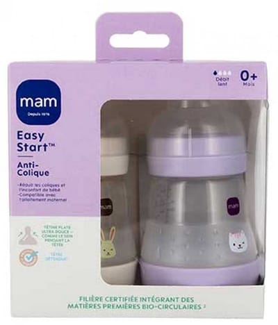 MAM 2 Zuigflessen Easy Start 160 ml 0+ Maanden Debiet 1 Langzaam (Kleur : Mauve Kat/Zand Konijn)
