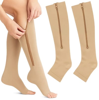 Duopack Compressie Kousen Met Rits I Compressie Sokken I Steunkousen I Vliegtuigsokken I Anti Vermoeidheid I Maat S/M (35-39) I Beige