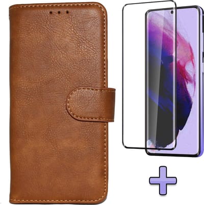 HB Hoesje Geschikt voor Samsung Galaxy S21 - Bruin + Volledige Display Screenprotector - Luxe Kunstlederen Portemonnee Book Case