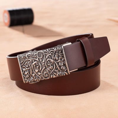 Retro Gesneden Legering Automatische Gesp Heren Riem Hoofd Laag Koeienhuid Echt Leer Europese Versie Automatische Riem gray