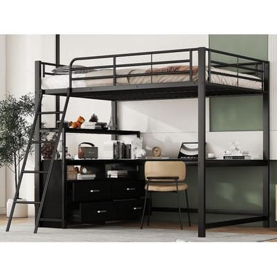 ModernLuxe Hoogslaper 140x200cm - hoekbureau met laden - in MDF en metaal - Zwart