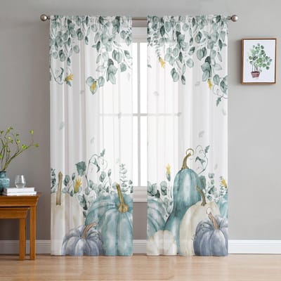 Herfst Pompoen Eucalyptus Bladeren Transparante Gordijnen voor Slaapkamer Woonkamer Voile Raamgordijnen Tule Gordijnen voor Kinderkamer 135W x 114H(cm) white