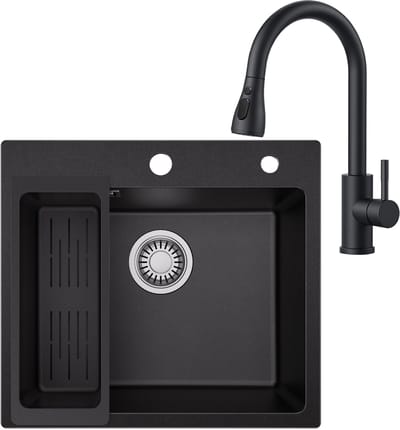 SOFETIY MAX Granieten Spoelbak Zwart / Antraciet (50*45cm) - Spoelbak Keuken Met Keukenkraan met Uittrekbare Uitloop - Spoelbakken Keuken – Wasbak Keuken Met Waterafvoersysteem