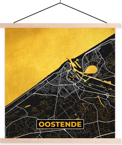 Posterhanger incl. Poster 40x40 cm - Schoolplaat - Kaart - Oostende - Plattegrond - Stadskaart - Goud - Textielposter - Blanke latten - Stadskaart