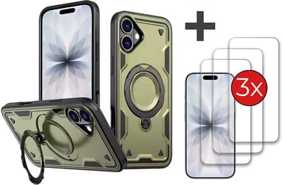 Hoesje Geschikt voor iPhone 17 met 3 Stuks gehard glas Screenprotector - Armor hoes met Ringhouder - Arara backcover - Groen