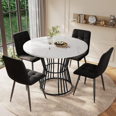 MODFU - Eetkamerset - Modern - Rond - 100 cm - Eettafel set met 4 fluwelen stoelen - Compact en stevig - Voor keuken of eetkamer - MDF met marmerlook