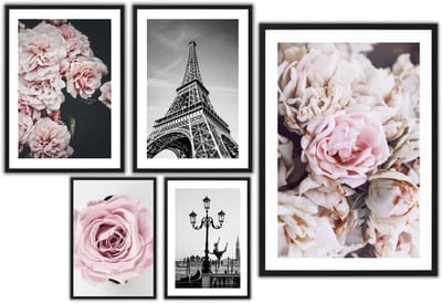 Set van 5 Art Deco Posters | Roze-Grijze Bloemen Wanddecoratie voor Woonkamer en Slaapkamer