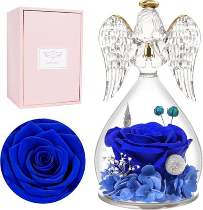 Eeuwige Roos Engel - Glazen Bloemen - Cadeau Geven - Echte Rozen - 7 x 10.5 cm - Blauw