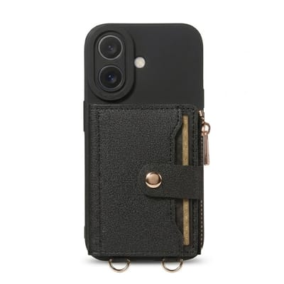 Zwart telefoon hoesje met portemonnee en koord geschikt voor iPhone 16 – faux leren wallet case met pasjeshouder, drukknoopsluiting en beschermende backcover