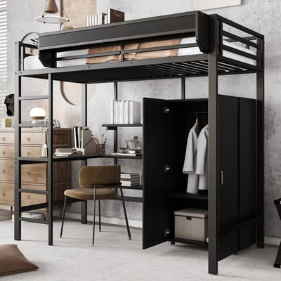 Wishdor Hoogslaper 90 x 200 cm – Bureau en Kledingkast met Twee Deuren – 5-Treeds Ladder – Rondom Veiligheidshekken – EN 747 Gecertificeerd – FSC-gecertificeerd Hout – Geschikt voor Tienerkamer – Metaal en Hout – Zwart