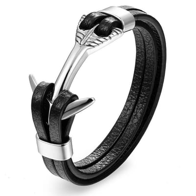 Victorious Leren Armband Heren – RVS Roestvrij Staal – Zilver Anker – Zwart/Zilver – 22cm
