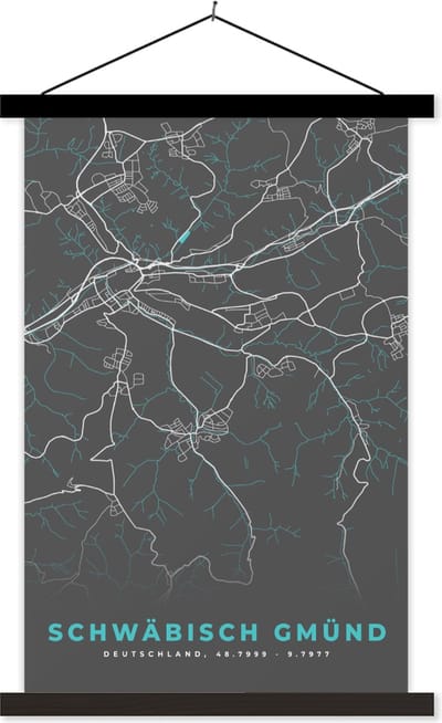Posterhanger incl. Poster 40x60 cm - Schoolplaat - Schwäbisch Gmünd – Stadskaart – Blauw – Plattegrond – Stadskaart – Kaart - Duitsland - Textielposter - Zwarte latten - Stadskaart
