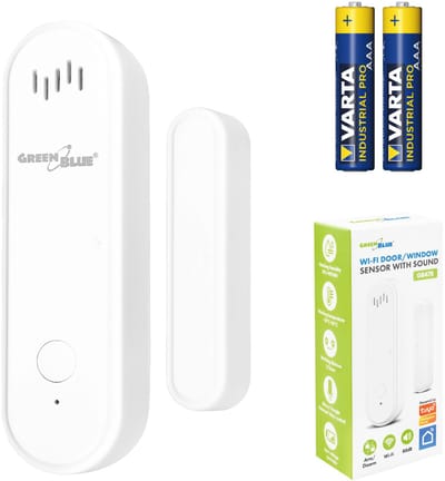 GreenBlue - Tuya slimme wifi- deur en raamsensor - Draadloze reedschakelaar - Alarm - WiFi-openingssensor -3,0 V DC, LR03x2, GB478 + 2 batterijen
