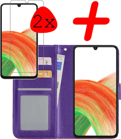 Hoesje Met 2x Screenprotector - Geschikt voor Samsung Galaxy A33 - Luxe Pasjeshouder - Bookcase Portemonee - Flip Case - Kunstleer Book Case - Flipcase Hoes - Book Cover - Walletcase - Portemonneehoes - Paars