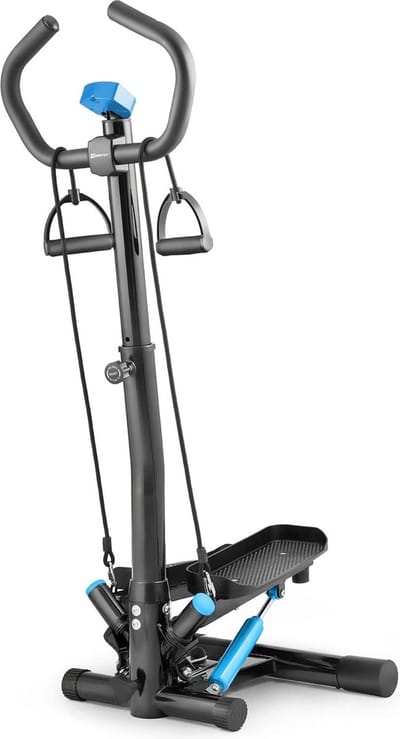 Hop-Sport Swing Side Stepper HS-055S met verstelbare handgreep, trainingsbanden, fitnesscomputer, instelbare hoogte en stabiliteit voor veilige en comfortabele oefeningen thuis (zwart-blauw)