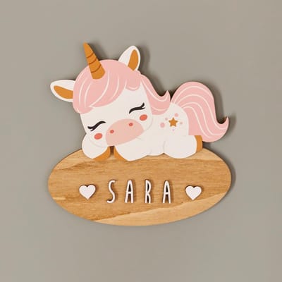 Decoratief bord voor kinderkamer - Eenhoorn, gepersonaliseerde houten namen voor deuren en kamers, origineel cadeau voor baby's