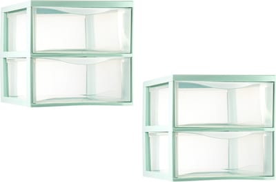 PlasticForte ladeblokje/bureau organizer - 2x - 2 lades - transparant/mintgroen - L26 x B36 x H25 cm