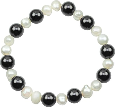 Zoetwater parel armband met edelsteen Pearl Black Agate - echte parels - agaat - wit - zwart - elastisch - luxe sieraden zakje - parel armband dames - zoetwaterparel - elastisch parel armband